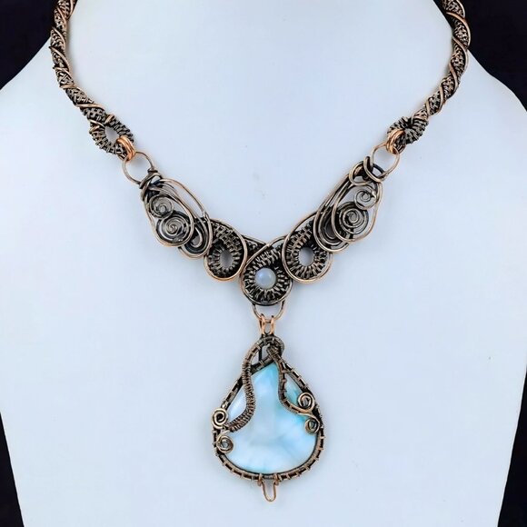 Handmade ✦ Full Wire Wrap Larimar & Quartz Necklace ✦ Artisan Copper Statement - Picture 9 of 10